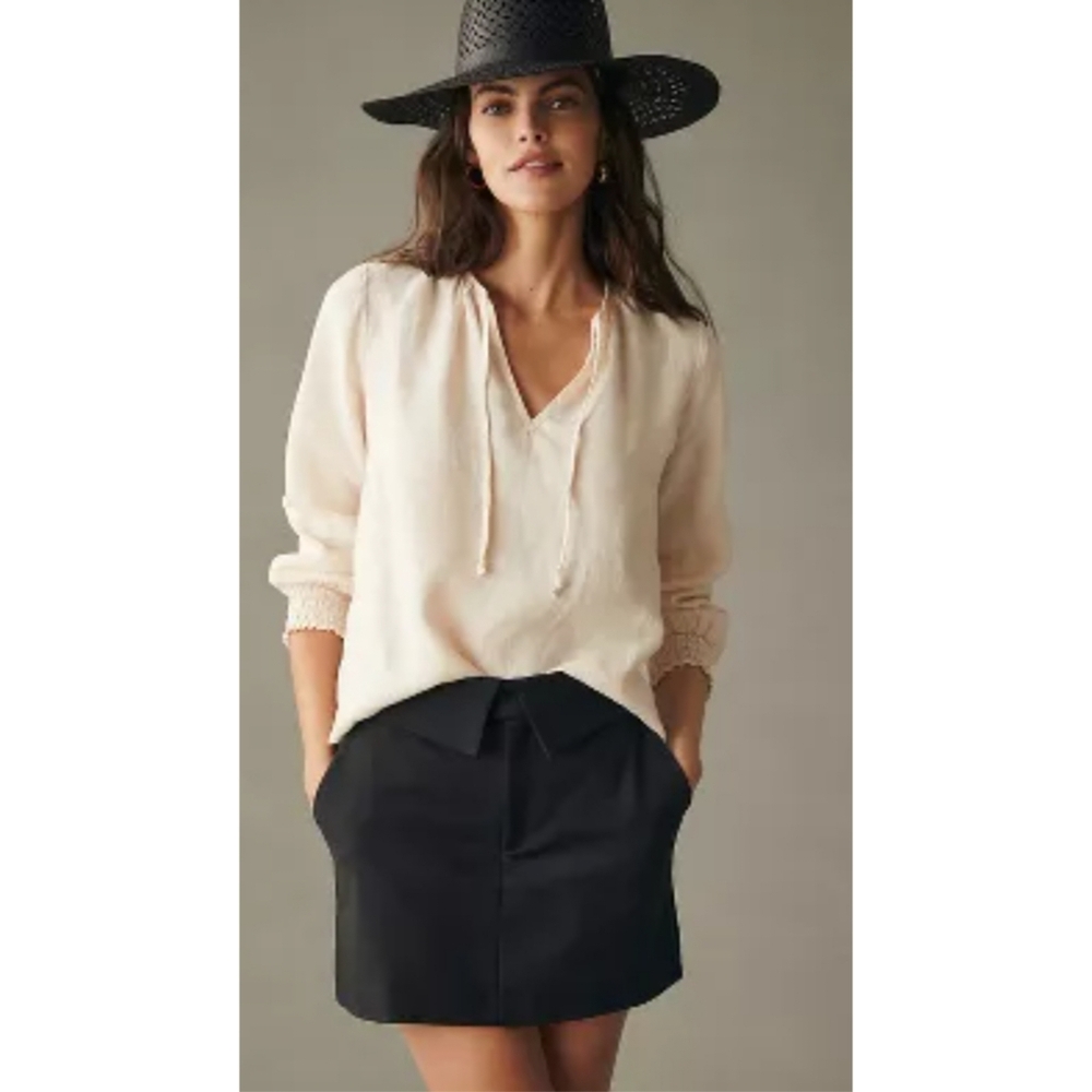 New Cloth & Stone Linen Tie Neck Poet Sleeve Round Hem Peasant Blouse Anthro